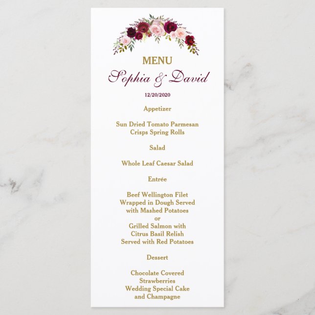 Elegant Burgundy Marsala Floral Fall Wedding Menu (Front)