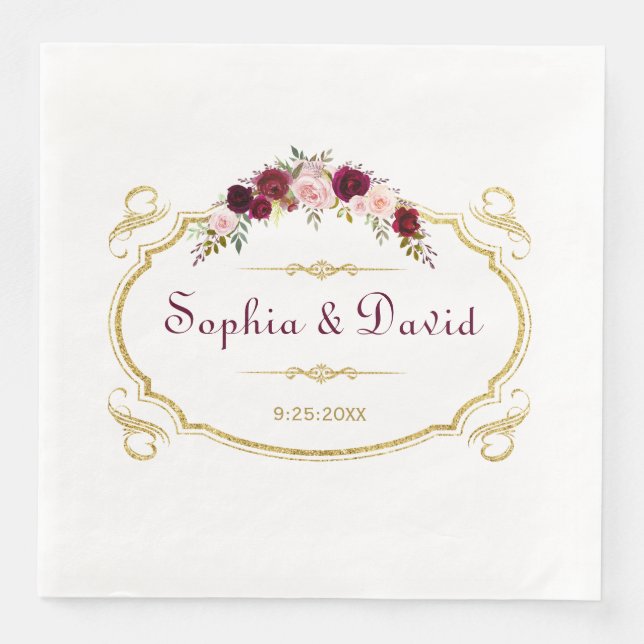 Elegant Burgundy Marsala Floral Fall Wedding Napkin (Front)