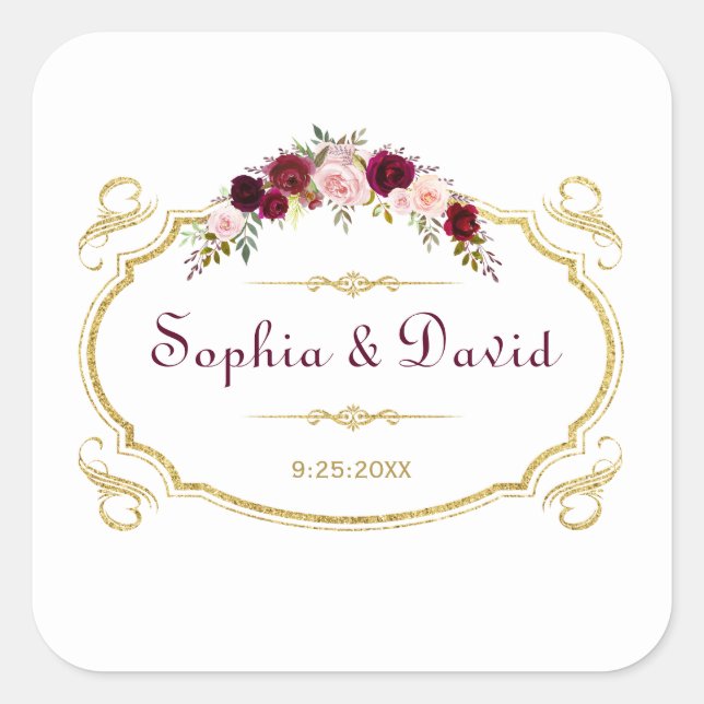 Elegant Burgundy Marsala Floral Fall Wedding Square Sticker (Front)