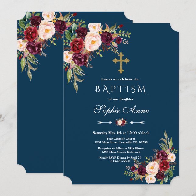 Elegant Burgundy Marsala Floral Navy Girl Baptism Invitation (Front/Back)