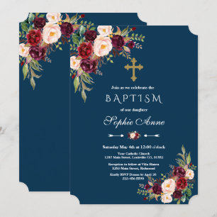 Elegant Burgundy Marsala Floral Navy Girl Baptism Invitation
