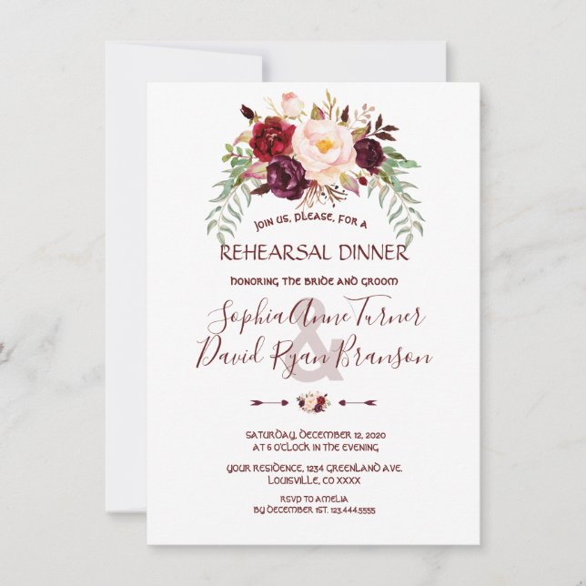 Elegant Burgundy Marsala Floral Rehearsal Dinner Invitation (Front)