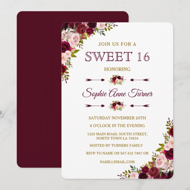 Elegant Burgundy Marsala Floral Sweet 16 Invite (Front/Back)