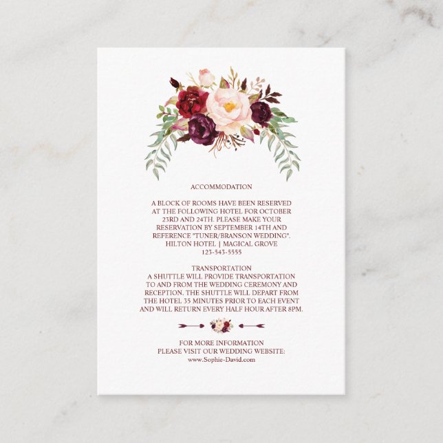 Elegant Burgundy Marsala Floral Wedding Details Enclosure Card (Front)