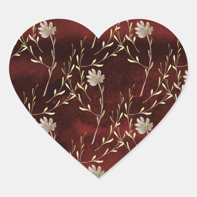 Elegant Burgundy Marsala Floral Wedding Heart Sticker (Front)