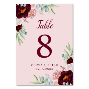 Elegant, Burgundy Marsala Pink Watercolor Flowers  Table Number