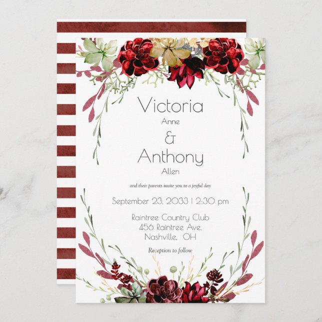 Elegant Burgundy Marsala Succulents Wedding Invitation (Front/Back)
