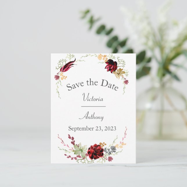 Elegant Burgundy Marsala Succulents Wedding Save Save The Date (Standing Front)