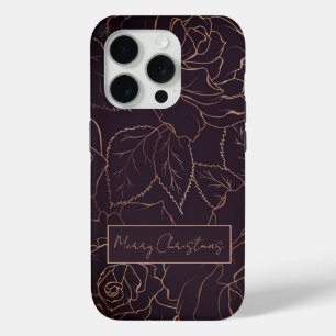 Elegant Burgundy Merry Christmas Golden Roses iPhone 15 Pro Case