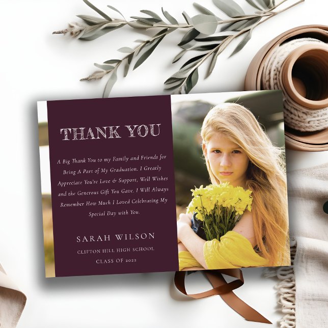 Elegant Burgundy Minimal Clean Photo Graduation Thank You Card (Creator Uploaded)