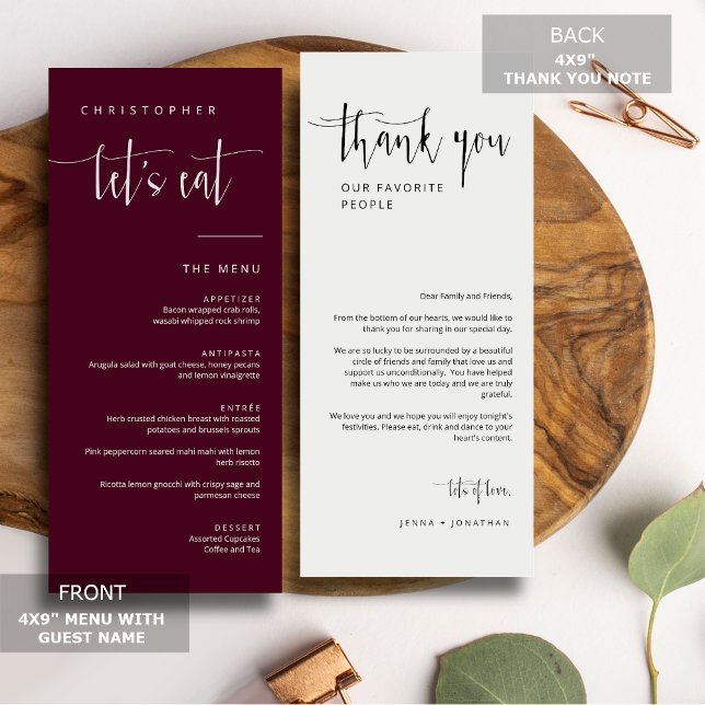 Elegant Burgundy Minimal Thank You Placecard Menu (Creator Uploaded)