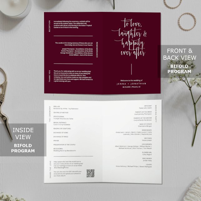 Elegant Burgundy Minimalist QR Code Wedding Folded Programme (Creator Uploaded)