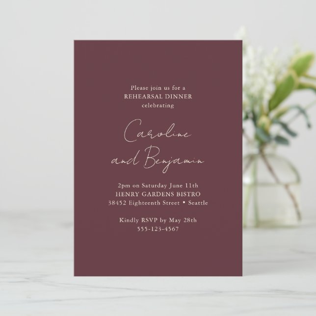 Elegant Burgundy Minimalist Rehearsal Dinner Invitation (Standing Front)