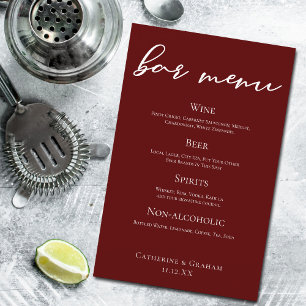 Elegant Burgundy Minimalist Wedding Bar Menu