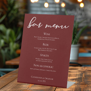 Elegant Burgundy Minimalist Wedding Bar Menu Pedestal Sign