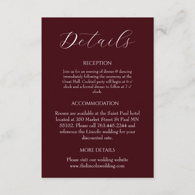 Elegant Burgundy Minimalist Wedding Enclosure Card (Front)
