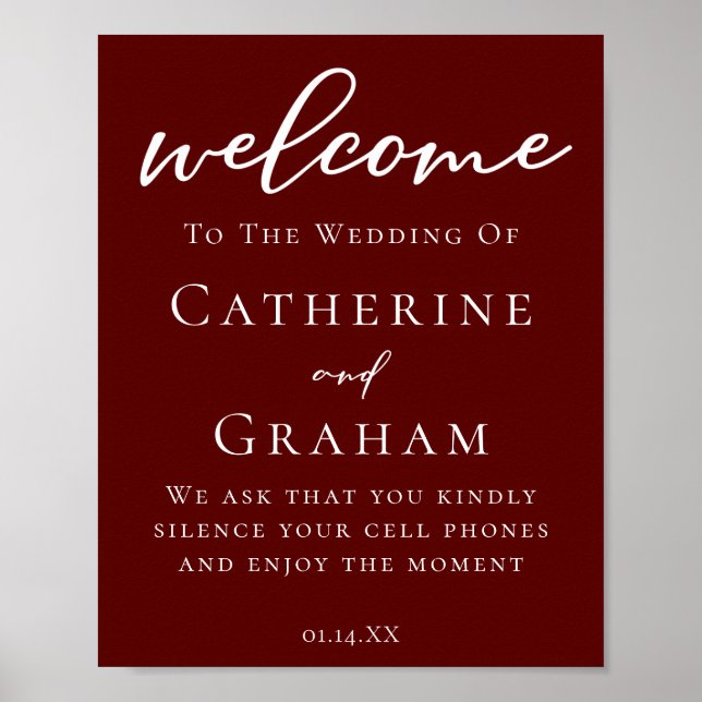 Elegant Burgundy Minimalist Welcome to Our Wedding Poster (Front)