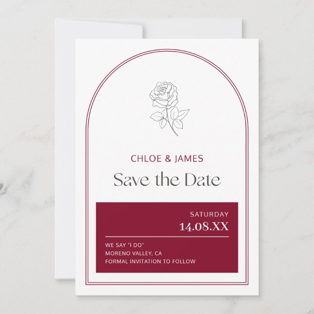 Elegant Burgundy Modern Arch Romantic Red Rose Save The Date (Front)
