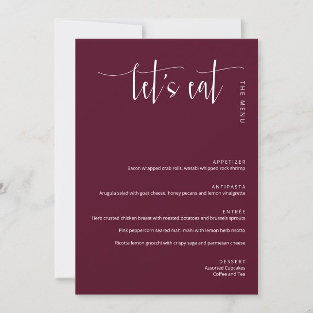 Elegant Burgundy Modern Let's Eat Thank You Menu (Front)