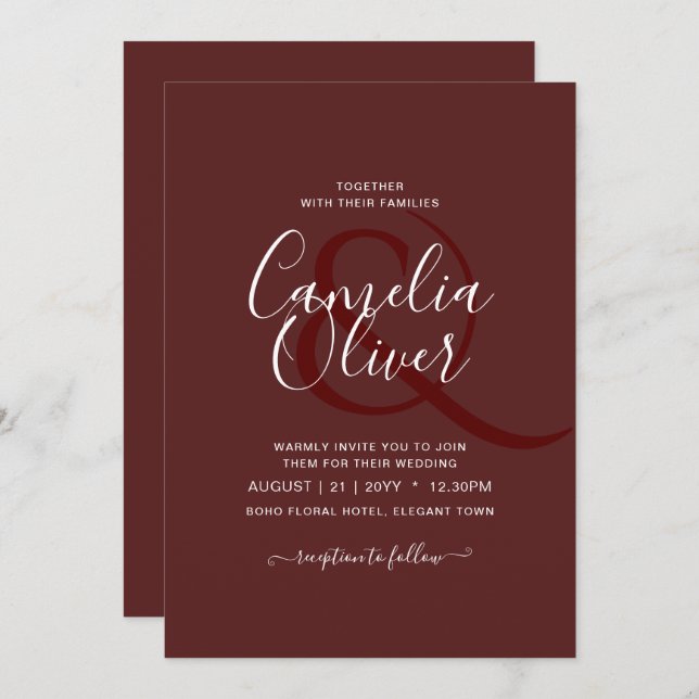 Elegant Burgundy Monochrome Wedding Simple Classic Invitation (Front/Back)