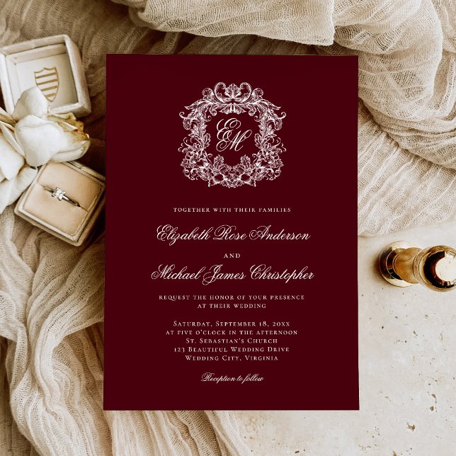 Elegant Burgundy Monogram Crest Wedding Invitation (Creator Uploaded)