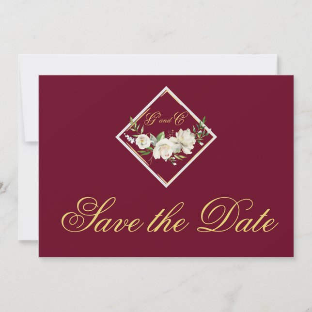 Elegant Burgundy Monogram Gold Save the Date (Front)
