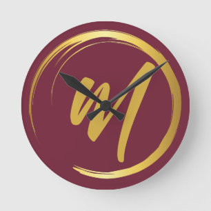 Elegant Burgundy Monogram  Round Clock