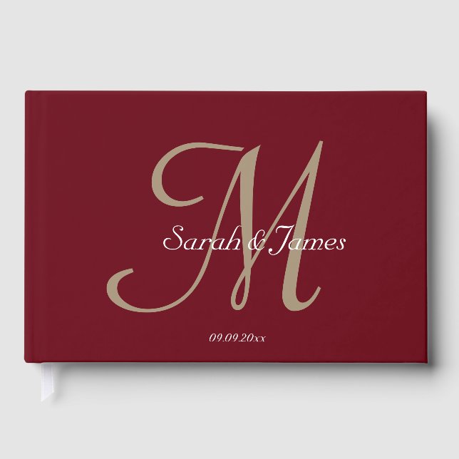 Elegant Burgundy Monogram Script Wedding Party Guest Book (Front)