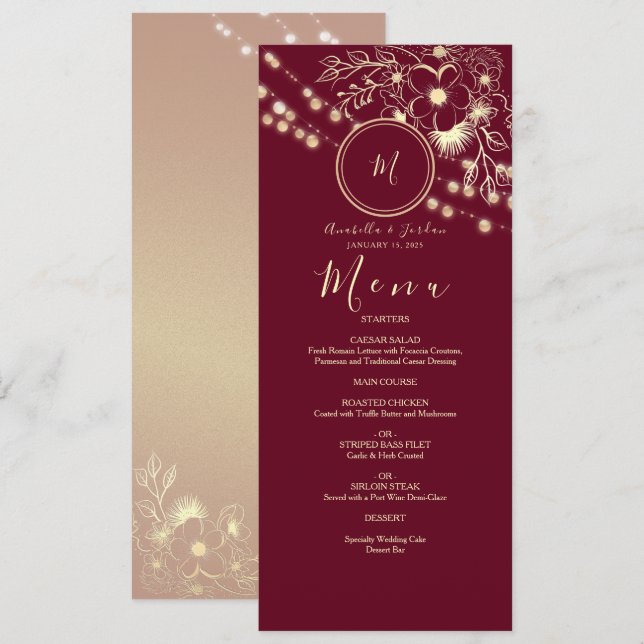 Elegant Burgundy Monogram Wedding Menu (Front/Back)