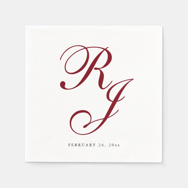 Elegant Burgundy Monogram Wedding Napkins (Front)