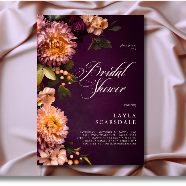 Elegant Burgundy Moody Floral Script Bridal Shower Invitation (Elegant Burgundy Moody Floral Script Bridal Shower Invitation)