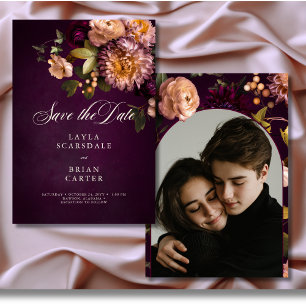 Elegant Burgundy Moody Floral Script Wedding Save The Date