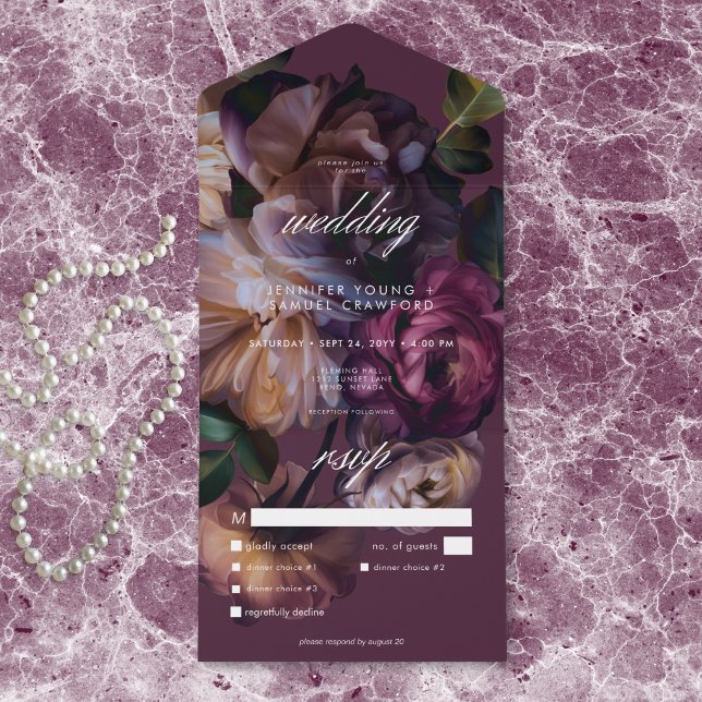 Elegant Burgundy Moody Floral Wedding Dinner All In One Invitation (Elegant Burgundy Moody Floral Wedding Dinner All In One Invitation)