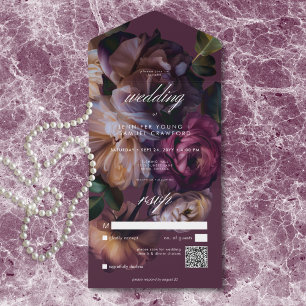 Elegant Burgundy Moody Floral Wedding QR Code All In One Invitation