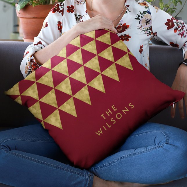 Elegant Burgundy Name Faux Gold Triangle Pattern Cushion (Creator Uploaded)
