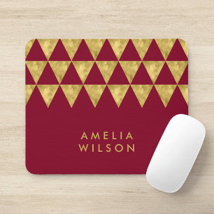 Elegant Burgundy Name Faux Gold Triangle Pattern Mouse Mat