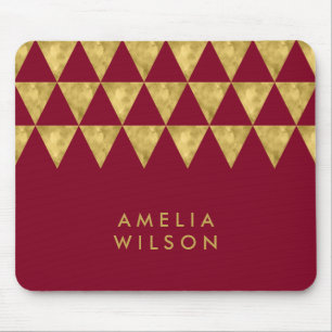 Elegant Burgundy Name Faux Gold Triangle Pattern Mouse Mat