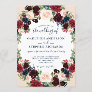 Elegant Burgundy, Navy and Pink Floral Wedding Invitation