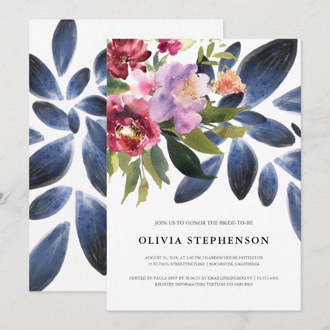 Elegant Burgundy Navy Blue Botanical Bridal Shower Invitation (Front/Back)