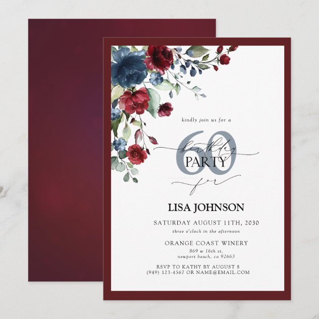 Elegant Burgundy & Navy Blue Floral 60th Birthday Invitation (Front/Back)