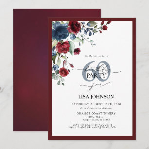 Elegant Burgundy & Navy Blue Floral 60th Birthday Invitation