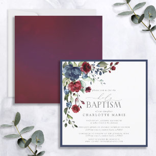 Elegant Burgundy Navy Blue Floral Baptism Invitation