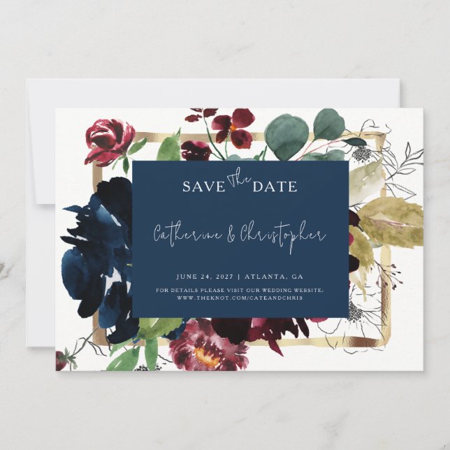 Elegant Burgundy Navy Blue Floral Garden Wedding Save The Date (Front)