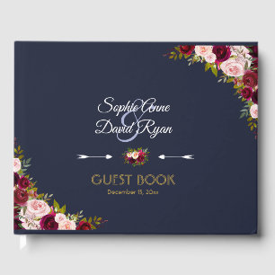 Elegant Burgundy Navy Blue Floral Wedding Guest Book