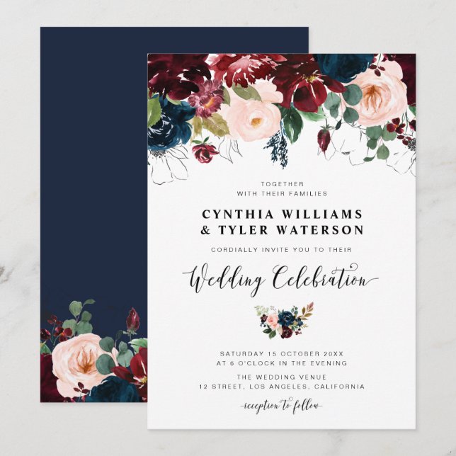 Elegant burgundy & Navy blue floral wedding Invitation (Front/Back)