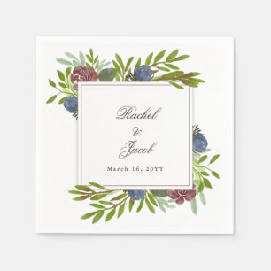 Elegant Burgundy Navy Blue Floral Wedding Napkin