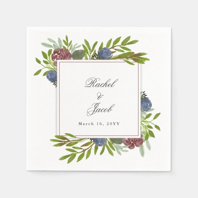 Elegant Burgundy Navy Blue Floral Wedding Napkin (Front)