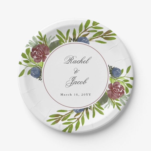 Elegant Burgundy Navy Blue Floral Wedding Paper Plate (Front)