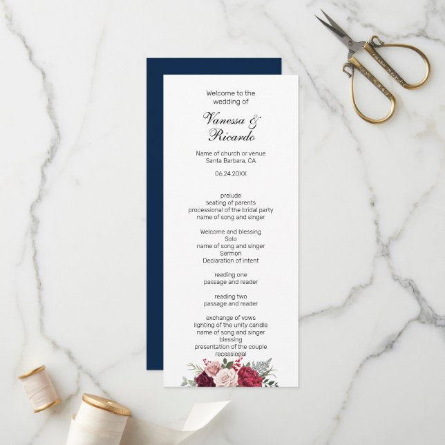 Elegant burgundy Navy Blue Floral Wedding program Programme (Front/Back In Situ)
