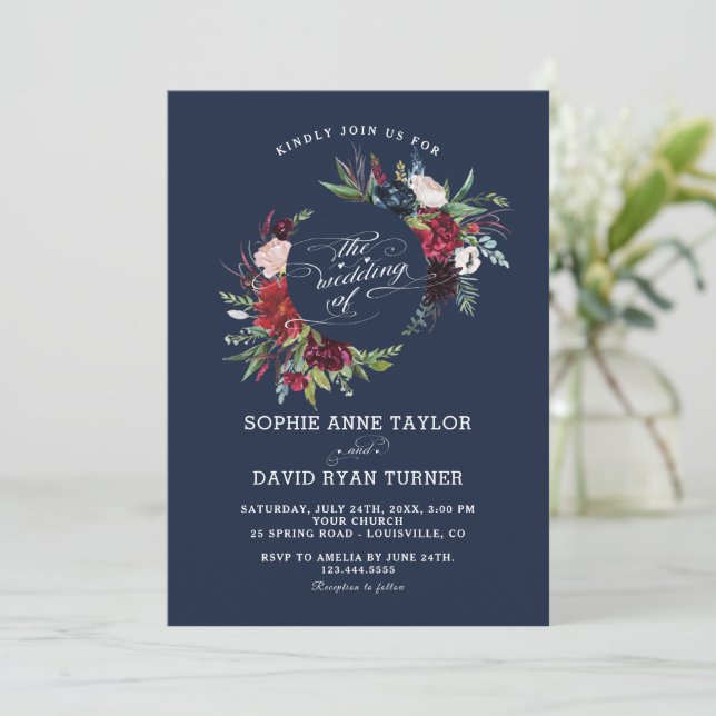 Elegant Burgundy Navy Blue Floral Wreath Wedding Invitation (Standing Front)